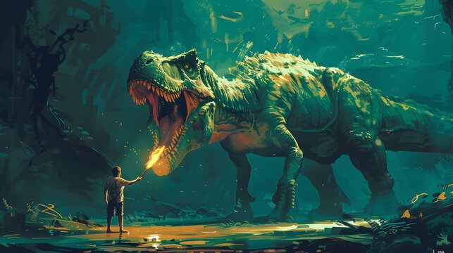 A digital art scene depicting a person confronting a massive Tyrannosaurus Rex in a surreal, overgrown environment.