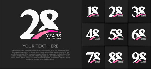 Set of Anniversary Logotype with pink swoosh, white color can be use for special day celebration