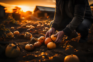 Harvesting Pumpkins at Sunset. An evocative image capturing hands gently collecting ripe pumpkins in a field at dusk, perfect for themes of agriculture, autumn, and harvest.