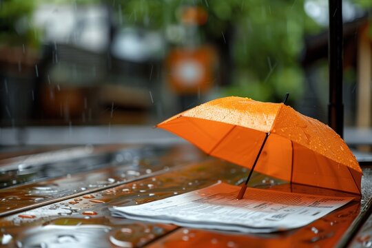 Orange umbrella covering newspaper on wet wooden table during rain, Concept of protection, weather changes, and staying informed