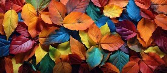 A variety of vibrant leaves in multiple colors are neatly arranged on a table, showcasing their beauty and diversity. Each leaf has unique hues and shapes, creating a visually appealing display.