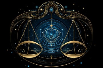 Vector illustration of the zodiac sign libra shining in blue on a black background