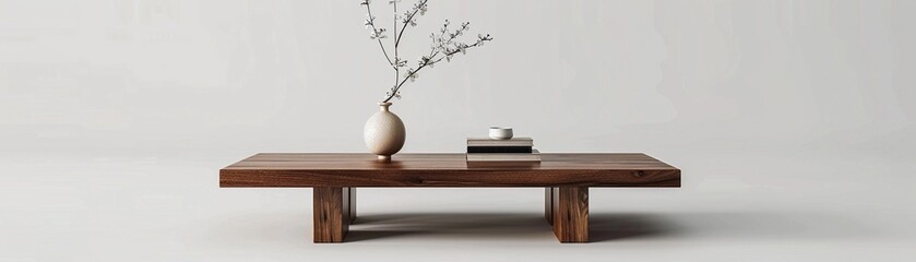 Minimalist coffee table with a few carefully chosen decor items on top, such as a small vase with a single flower or a stack of books, generative AI