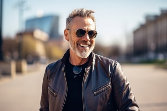 Portrait of a happy senior man in sunglasses and leather jacket smiling outdoors