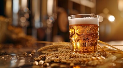 beer with foam in a glass glass next to a beer barrel next to an ear of wheat representing natural or original in high definition and high quality. Beer concept in bar