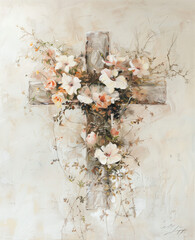 old cross on the wall with spring flowers and branches..Minimal creative Easter He is rising concept.Copy space,top view.Generative AI