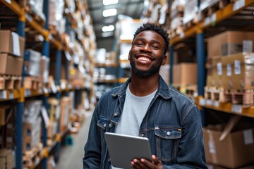 Smiling African American man holding tablet in warehouse, concept of modern logistics and inventory management - obrazy, fototapety, plakaty