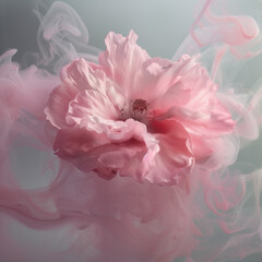 flower emitting pink smoke background.Minimal creative nature and art concept.Copy space,top view,flat lay.Generative AI