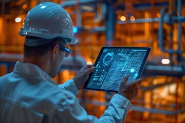 Engineer with hard hat analyzing blueprints on a digital tablet in an industrial plant, concept of engineering and digital technology in industry