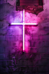 cross in the night with neon lights.Minimal creative Easter He is rising concept.Copy space,top view.Generative AI