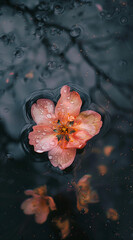 Pink spring flower in water . Valentines or woman's day background design. Minimal flat lay nature.