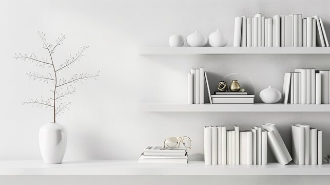 Modern minimalist bookshelf against a white background, adorned with a curated selection of books and decorative objects, generative AI