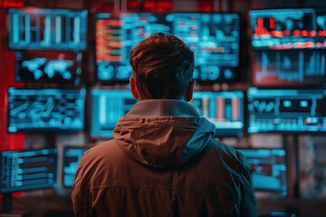 Engineer analyzing data on multiple computer screens in high-tech control room, concept of network monitoring and security management