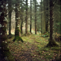 forest in the morning.Minimal nature composition. Environmental protection poster concept.Copy space,top view.Generative AI