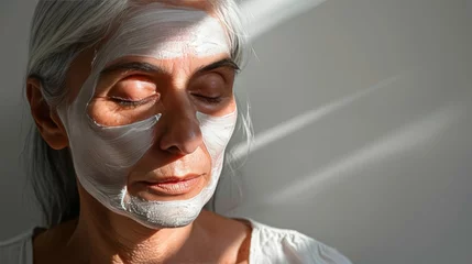 Stickers fenêtre Spa Senior woman relaxing with eyes closed in spa with white facial mask, beauty and wellness concept