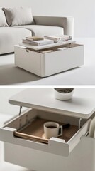 Multifunctional Coffee Table with Hidden Storage, A sleek, low-profile coffee table with a hidden compartment that lifts to reveal storage space for books, generative AI
