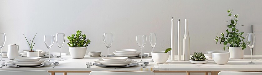 Minimalist dining table with sleek dinnerware, minimalist flatware, and a simple centerpiece, such as a small succulent plant or a minimalist candle holder, generative AI - obrazy, fototapety, plakaty