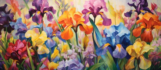 Poster Im Rahmen A painting depicting a field filled with colorful iris flowers, vibrant and alive against a monochrome backdrop. Each flower showcases a different hue, creating a striking contrast in the artwork. © pngking