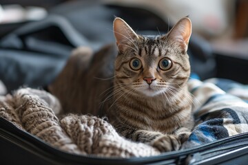 Cute cat in a suitcase with things is ready for a trip