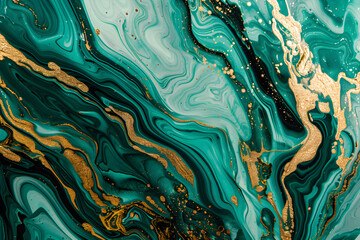 Liquid texture with marble pattern emerald green, black and gold colour