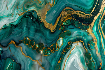 Liquid texture with marble pattern emerald green, black and gold colour