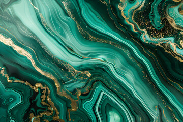 Liquid texture with marble pattern emerald green, black and gold colour