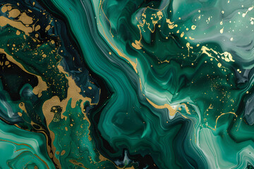 Liquid texture with marble pattern emerald green, black and gold colour