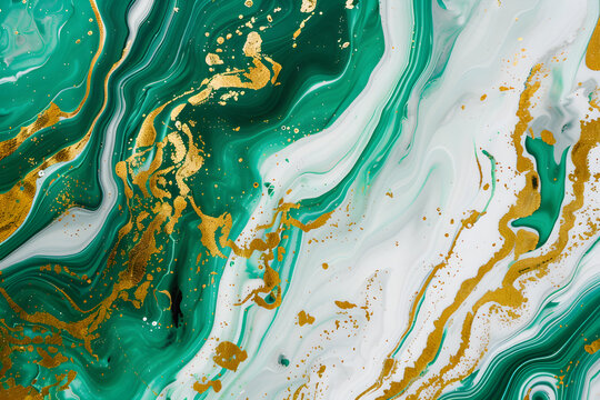 Liquid texture with marble pattern emerald green, black and gold colour