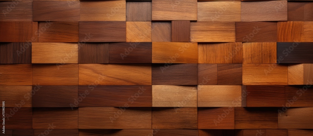 Poster This wooden wall features a captivating pattern of squares and rectangles, creating a visually striking blend of shapes. The intricate design adds depth and texture to the space, making it a unique