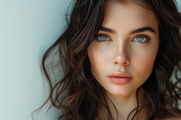 Naklejka premium Beauty brunette woman with neat hair and healthy skin looks at the camera natural makeup of a young beautiful model on a studio background with copy space. cosmetic concept