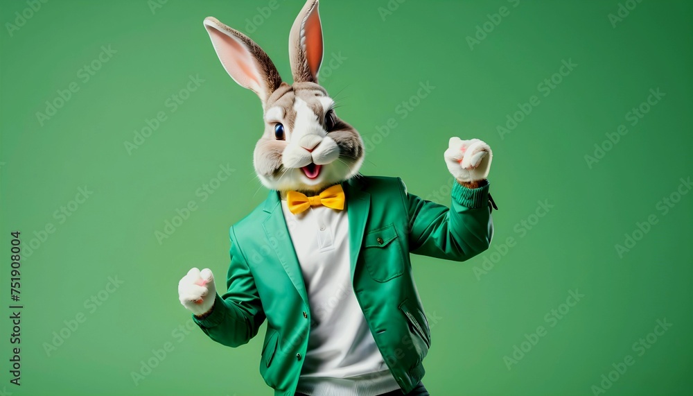 Poster A cool bunny wearing green jacket dancing for the upcoming Easter sales event, green isolated poster background with copy space created with generative ai	