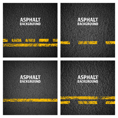 Fototapeta na wymiar Asphalt road with yellow cracked lane marking, concrete highway surface, texture. Street traffic line, road dividing strip. Pattern with grainy structure, grunge stone background. Vector illustration