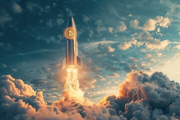 Bitcoin logo rocket launcher, cryptocurrency concept. The growth rate of the gold coin