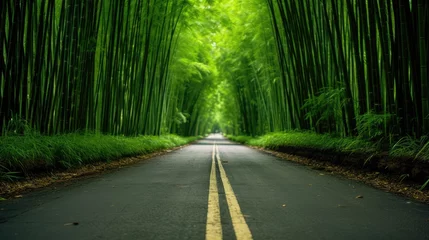 Zelfklevend Fotobehang Photo of a long road in the middle of very green bamboo © ismodin