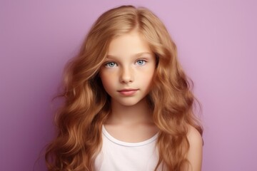 Beautiful little girl with long curly hair on purple background. Closeup portrait.