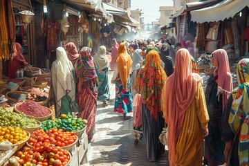 Street Market Asia, Colorful Unity: Women in Traditional Splendor Creating a Vibrant Tapestry of Cultural Heritage in the Market