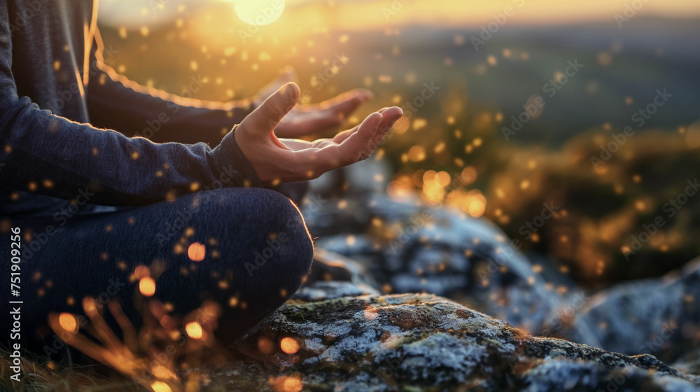 Wall mural open hands of meditation and spirituality lifestyle receiving the sun's rays in the middle of nature