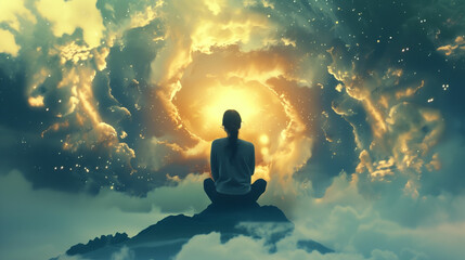 young woman on her back meditating and attaining peace of mind lotus yoga in front of the vast sky self-realization