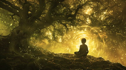 little boy practices yoga and meditation from under the tree of wisdom, spirituality and enlightenment of the mind wallpaper - obrazy, fototapety, plakaty