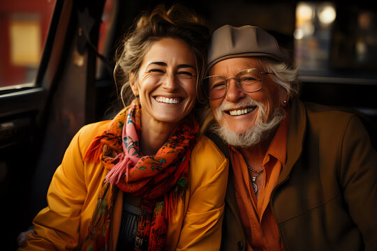 Shared Joy in Golden Years. An uplifting image of an elderly couple in stylish autumn attire sharing a joyous moment together, perfect for lifestyle and relationship themes.