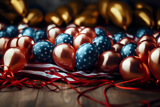 Patriotic Celebration Balloons with American Flag. This festive image of red, blue, and gold balloons with stars, alongside ribbons and the American flag, is perfect for patriotic events and national 