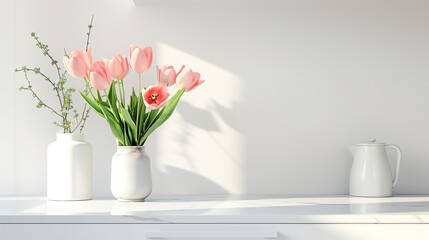 白くきれいなキッチンカウンターに置かれたチューリップの花瓶