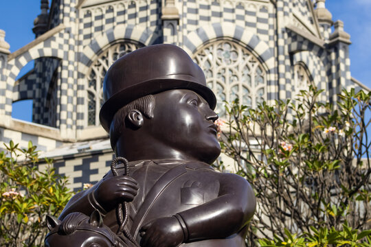 MEDELLIN, COLOMBIA - JANUARY 17, 2024: Man on Horseback. Bronze sculptures by the famous Colombian artist Fernando Botero Angulo in the square that bears his name in the center of the city of Medellin