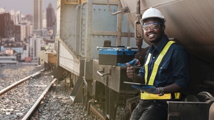 African mechanical engineer looks at tablet to maintain train in city center with tall buildings in...