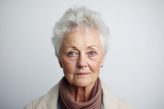 Portrait of senior woman with grey hair and scarf on grey background