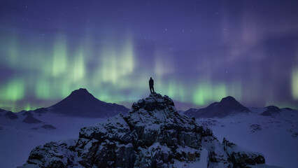 Adventurous Man Hiker on a snowy peak. Snow covered mountain view, aurora borealis. 3d Rendering. Northern lights, night time.