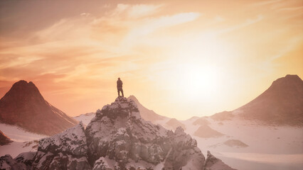 Adventurous Man Hiker on a snowy peak. Snow covered mountain view. Sunrise, sunset. 3d Rendering.