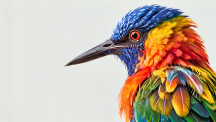 One head view of a bright coloured bird on white background