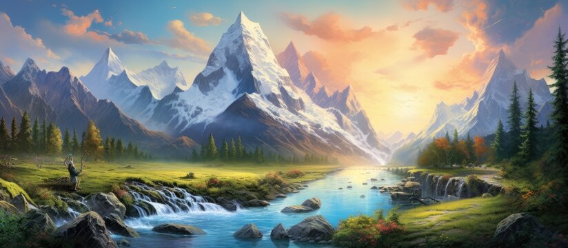 A painting depicting a majestic mountain towering over a flowing stream below. The rugged peaks and lush greenery create a stunning contrast against the rushing water.