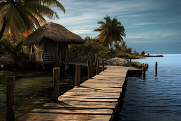 Tropical Island Pier with small Hut